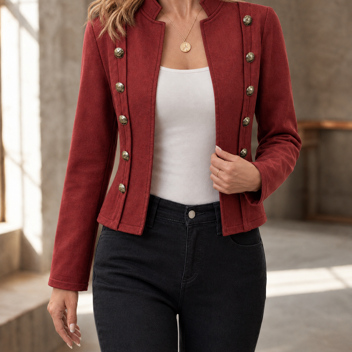 Damen Slim Fit Militärjacke Freizeit mit Stehkragen