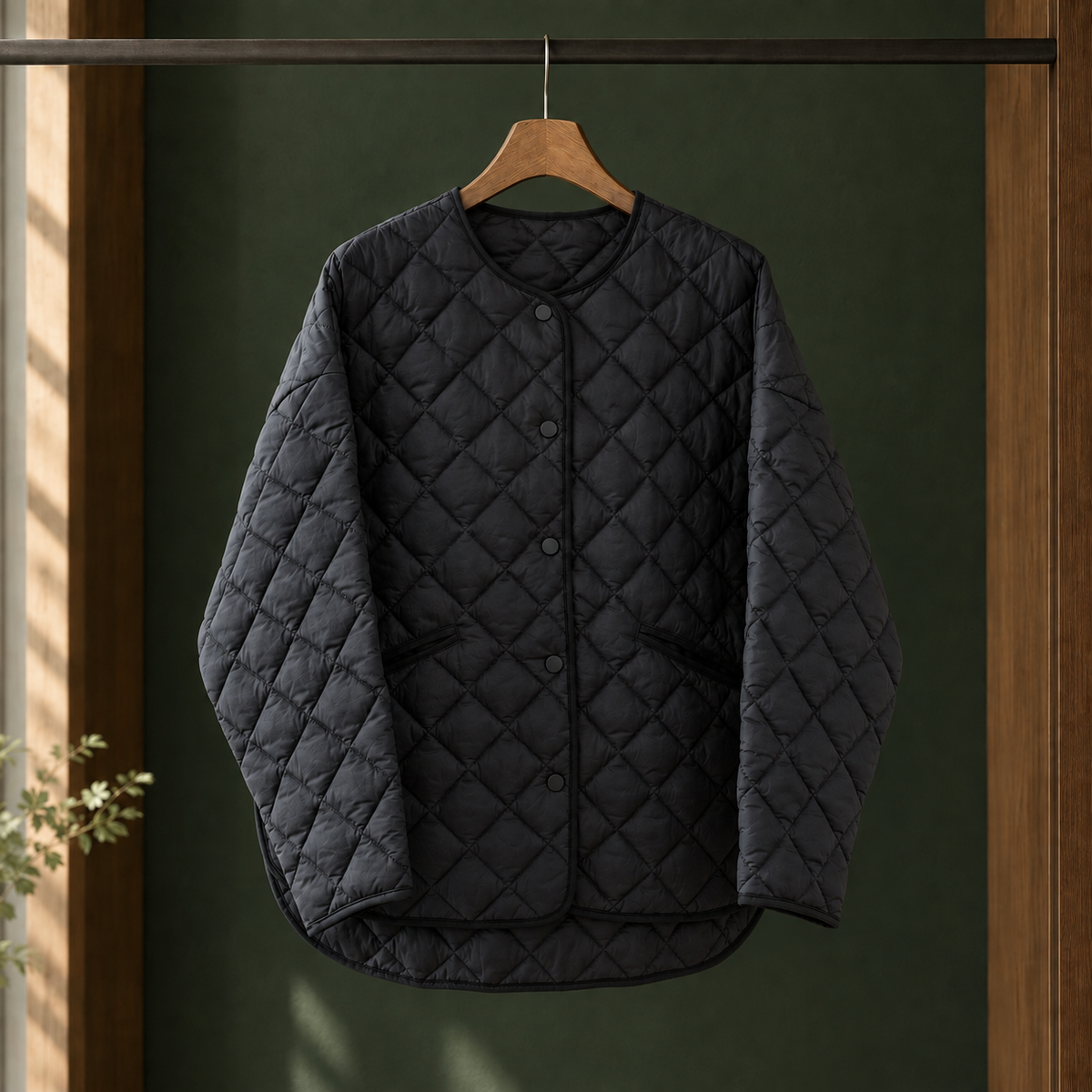 Damen Steppjacke Relaxed Fit Casual ohne Kragen mit Druckknöpfen