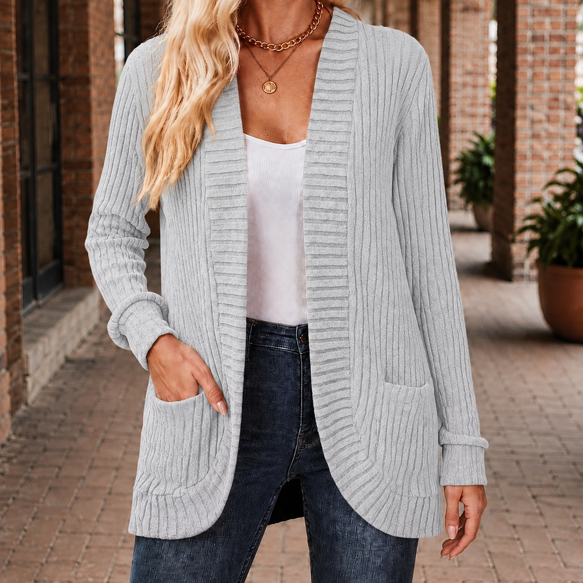 Damen Rippstrick-Cardigan Relaxed Fit mit offener Front und Taschen