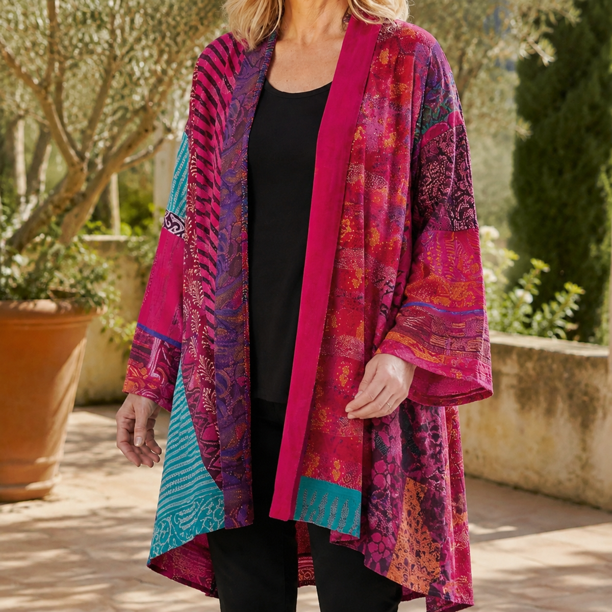 Damen Cardigan Oversize Patchwork mit offener Front