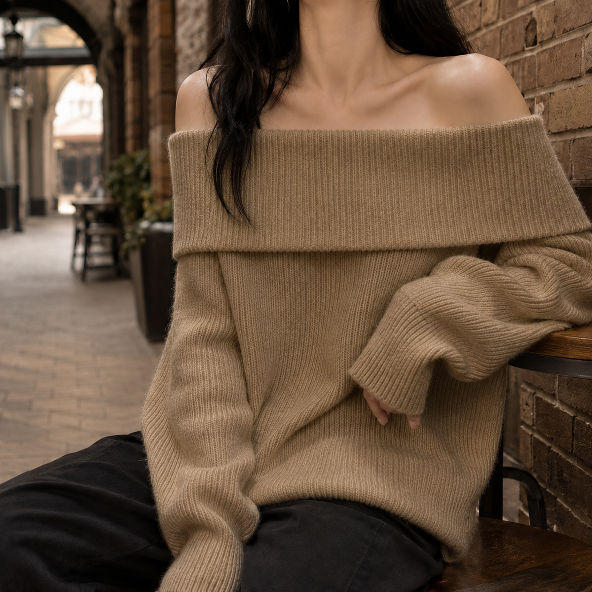Damen Oversize Off-Shoulder Pullover mit voluminösen Ärmeln