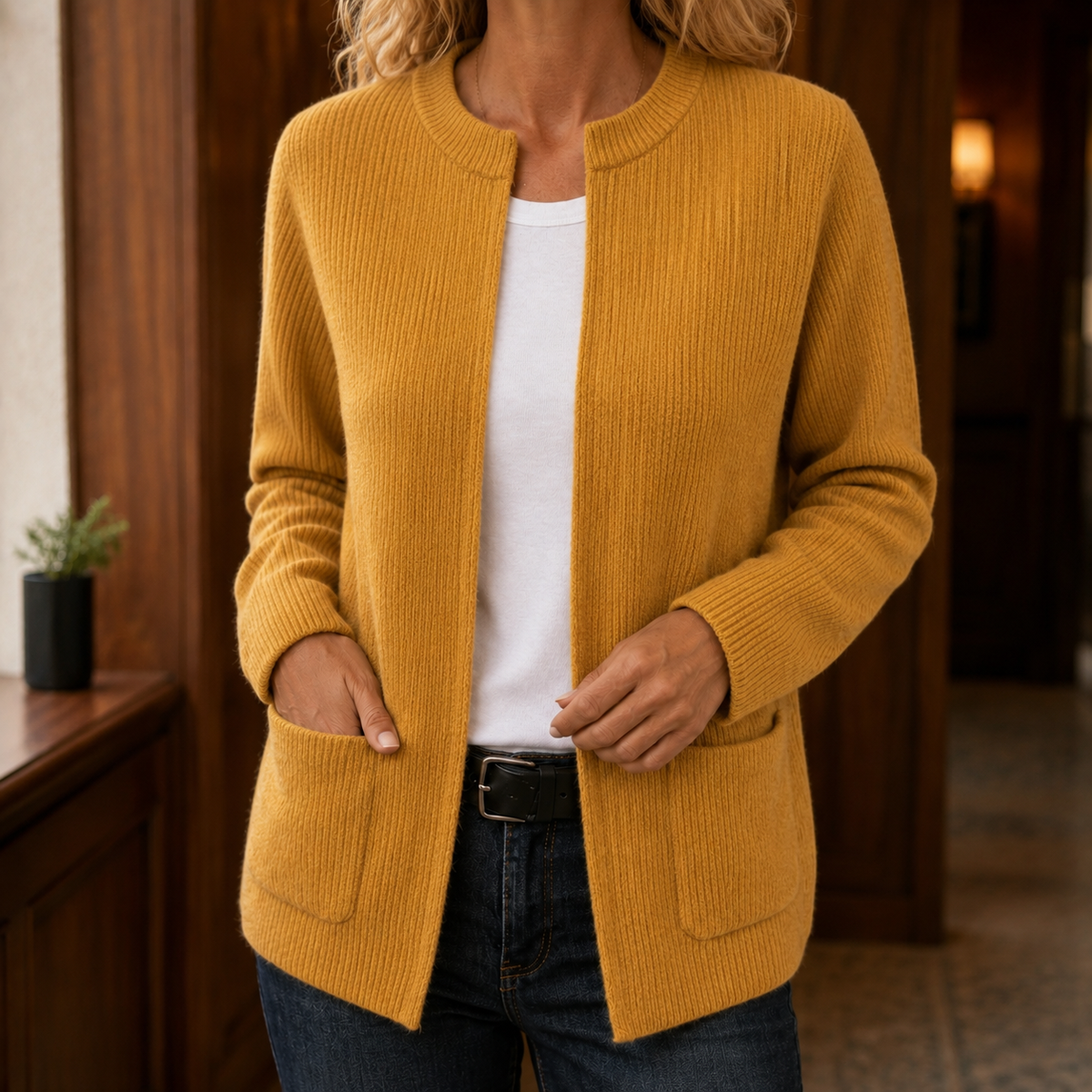 Damen Rippstrick-Cardigan Relaxed Fit mit Rundhalsausschnitt und Taschen