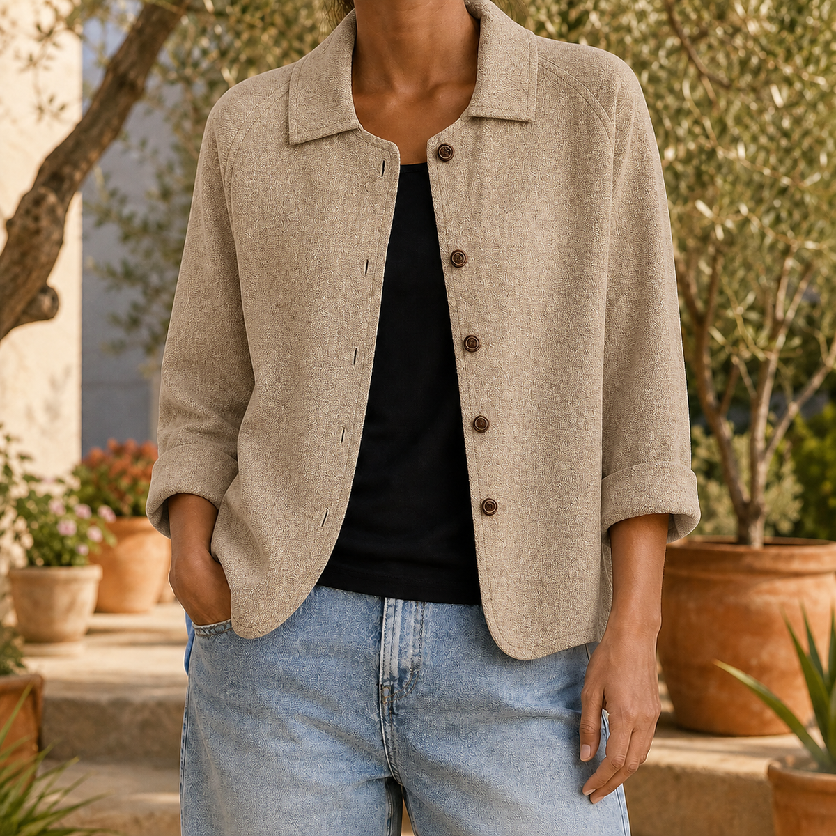 Damen Kragenpullover Relaxed Fit mit Dreiviertelärmeln und Knopfleiste