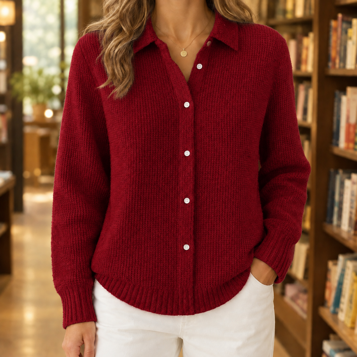Damen Kragenpullover Regular Fit mit Knopfleiste und Rippbündchen