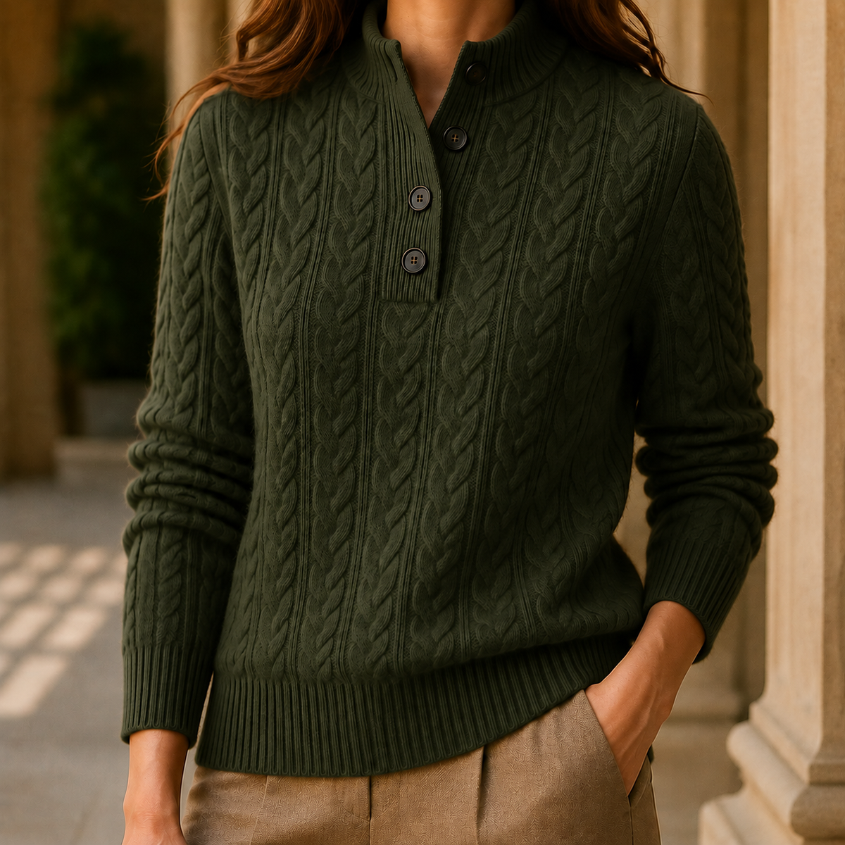 Damen Kabelstrickpullover Regular Fit mit Stehkragen und Knopfausschnitt