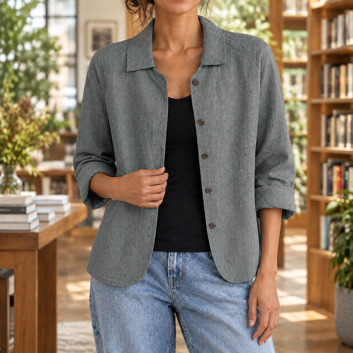 Damen Relaxed Fit Blazer Freizeit mit Knopfleiste