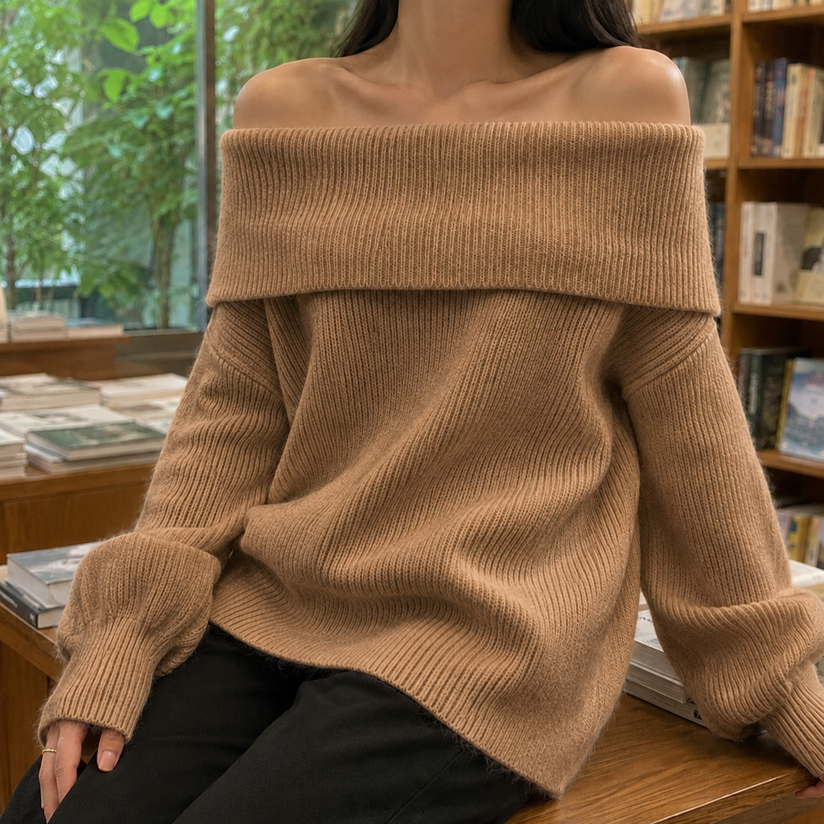 Damen Off-Shoulder Pullover Relaxed Fit mit langen Ärmeln