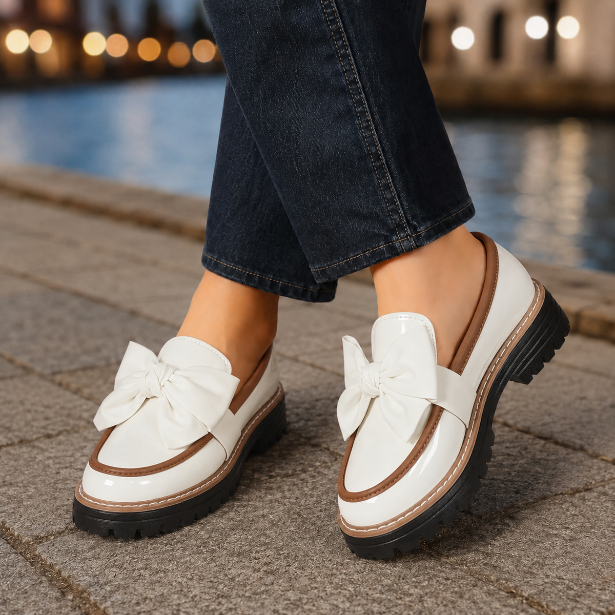 Damen Loafers mit übergroßer Schleife und Profilsohle