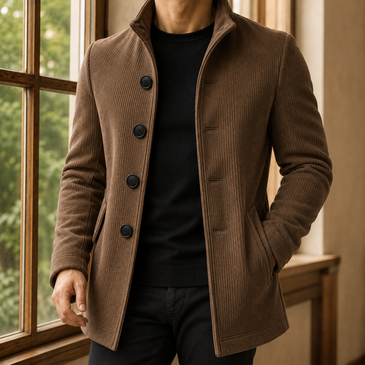 Herren Mantel Slim Fit mit Mehrknopfverschluss und Stehkragen