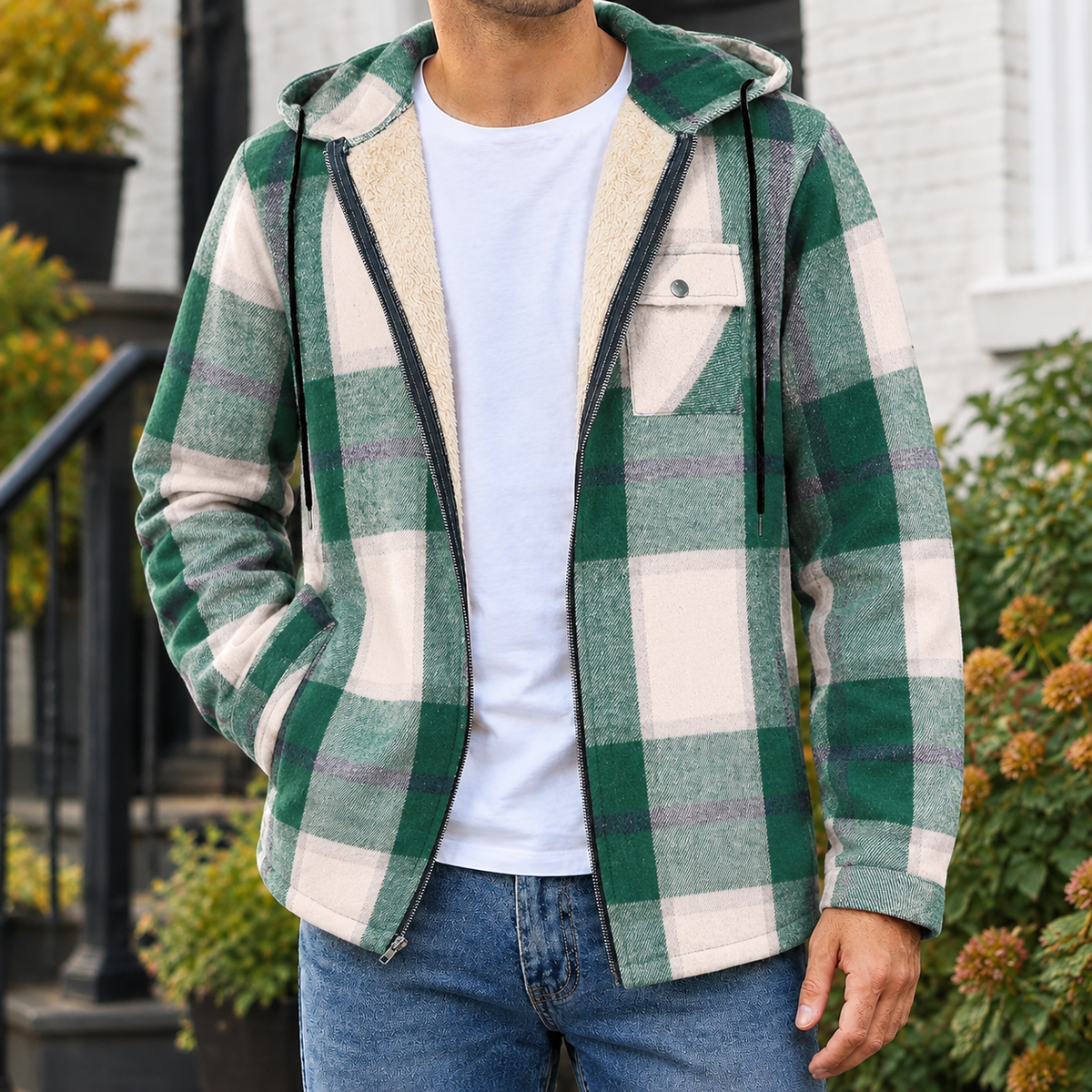 Herren Karojacke Regular Fit Freizeit mit Kapuze und Reißverschluss