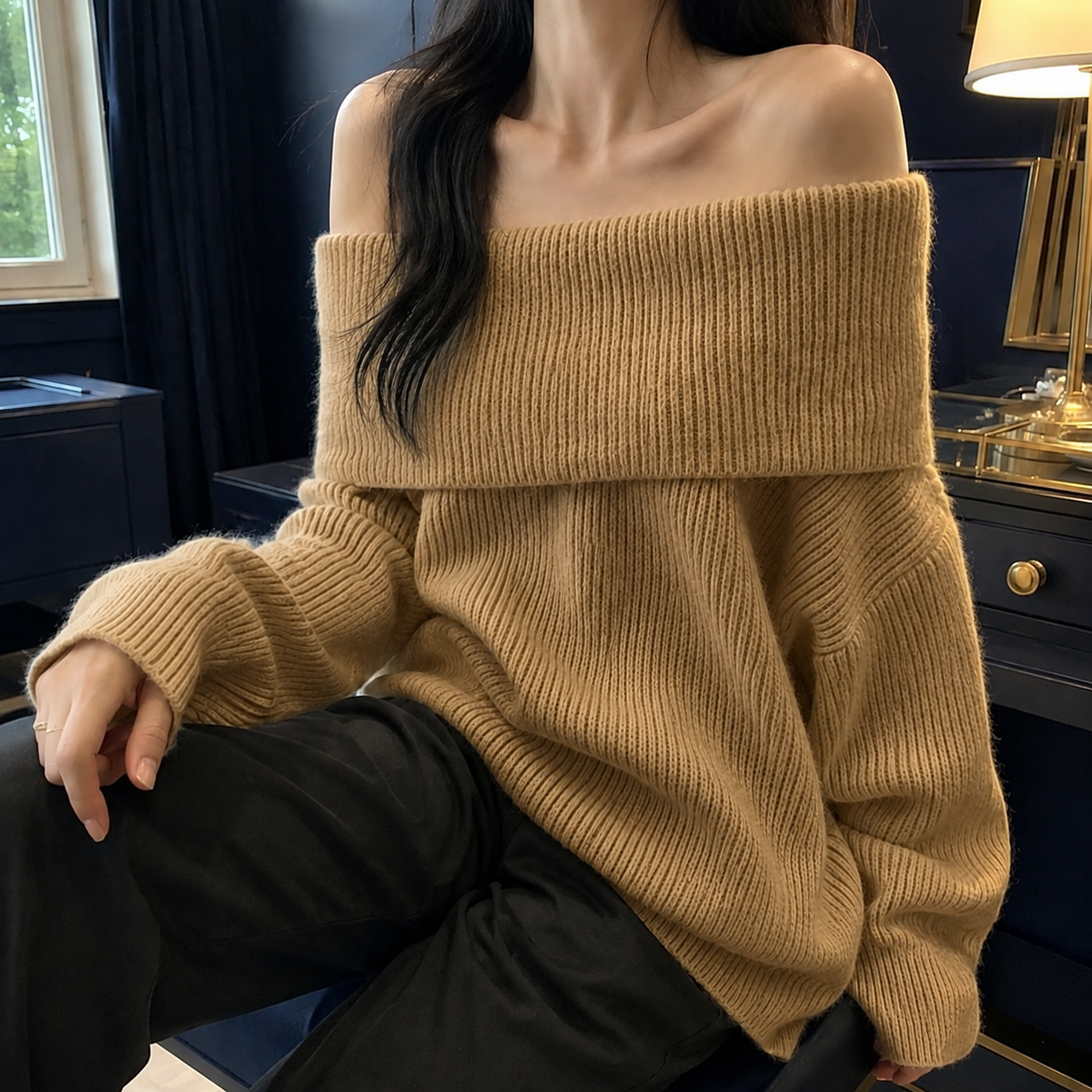 Damen Off-Shoulder Pullover Oversize mit Ballonärmeln