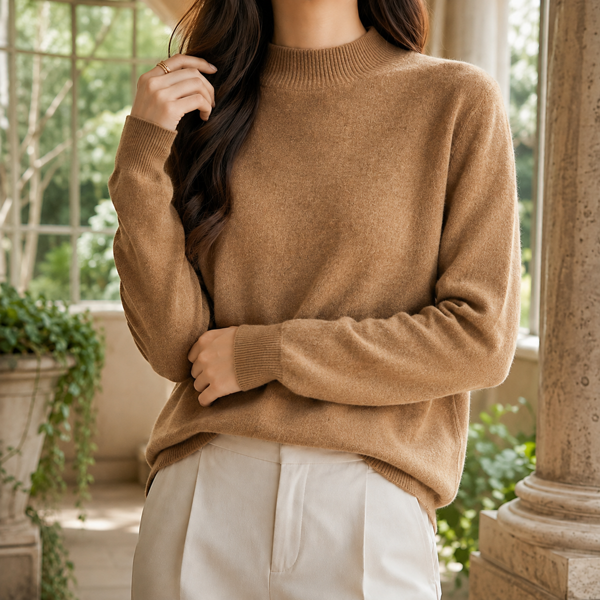 Damen Stehkragenpullover Relaxed Fit mit geripptem Kragen