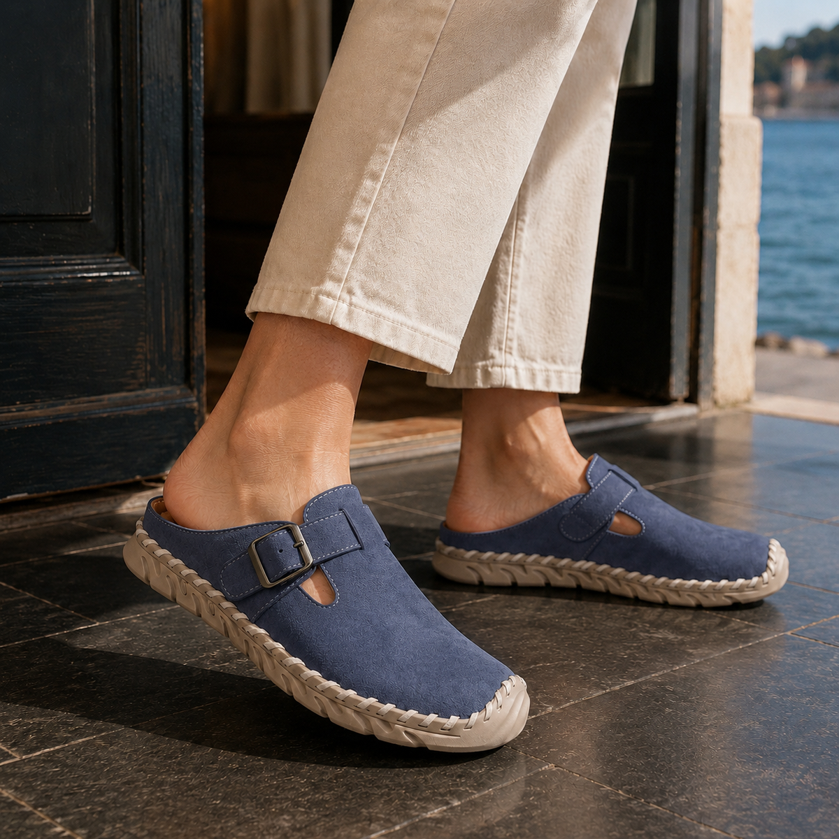 Damen Mules mit verstellbarem Schnallenriemen und rundem Zehenbereich