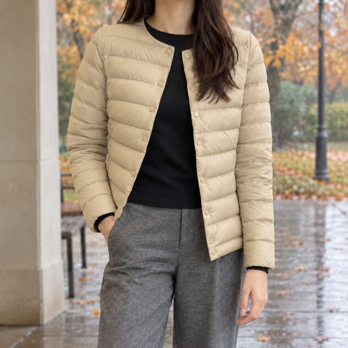 Damen Slim Fit Steppjacke Casual mit Druckknopfverschluss