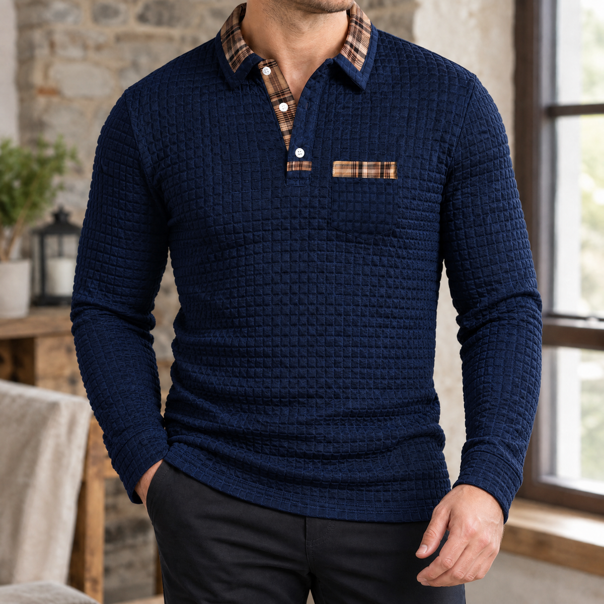 Herren Slim Fit Langarm-Poloshirt Freizeit kariert