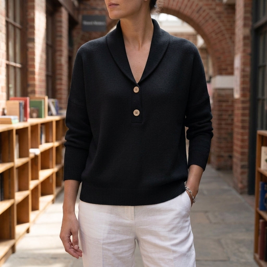 Damen Schalkragenpullover Relaxed Fit mit Halbknopfleiste