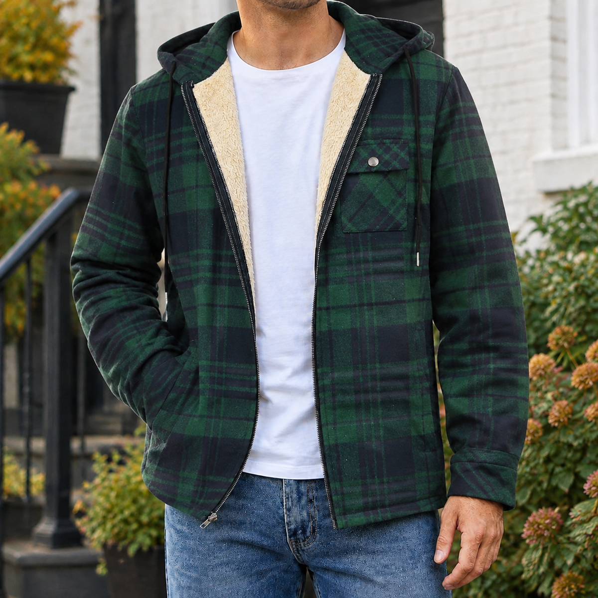 Herren Karojacke Regular Fit Freizeit mit Kapuze und Reißverschluss
