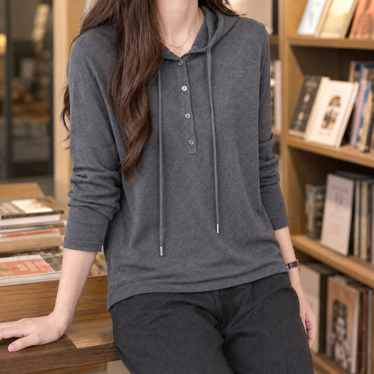 Herren Hoodie Relaxed Fit mit Kordelzugkapuze und Knopfleiste