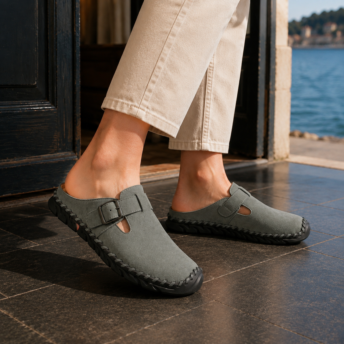 Damen Mules mit verstellbarem Schnallenriemen und rundem Zehenbereich