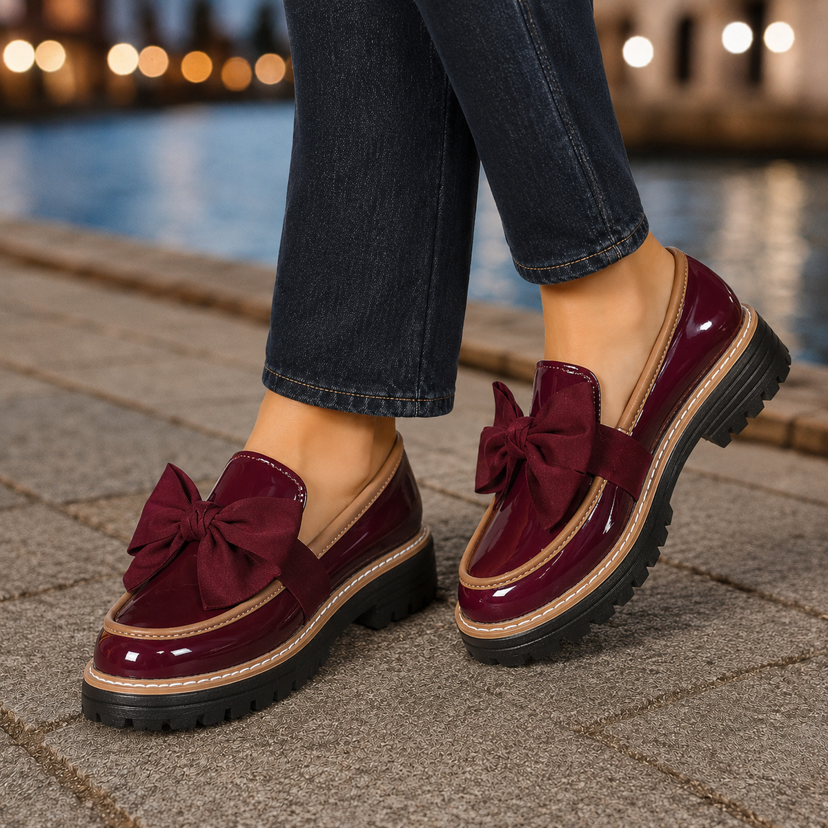 Damen Loafers mit übergroßer Schleife und Profilsohle