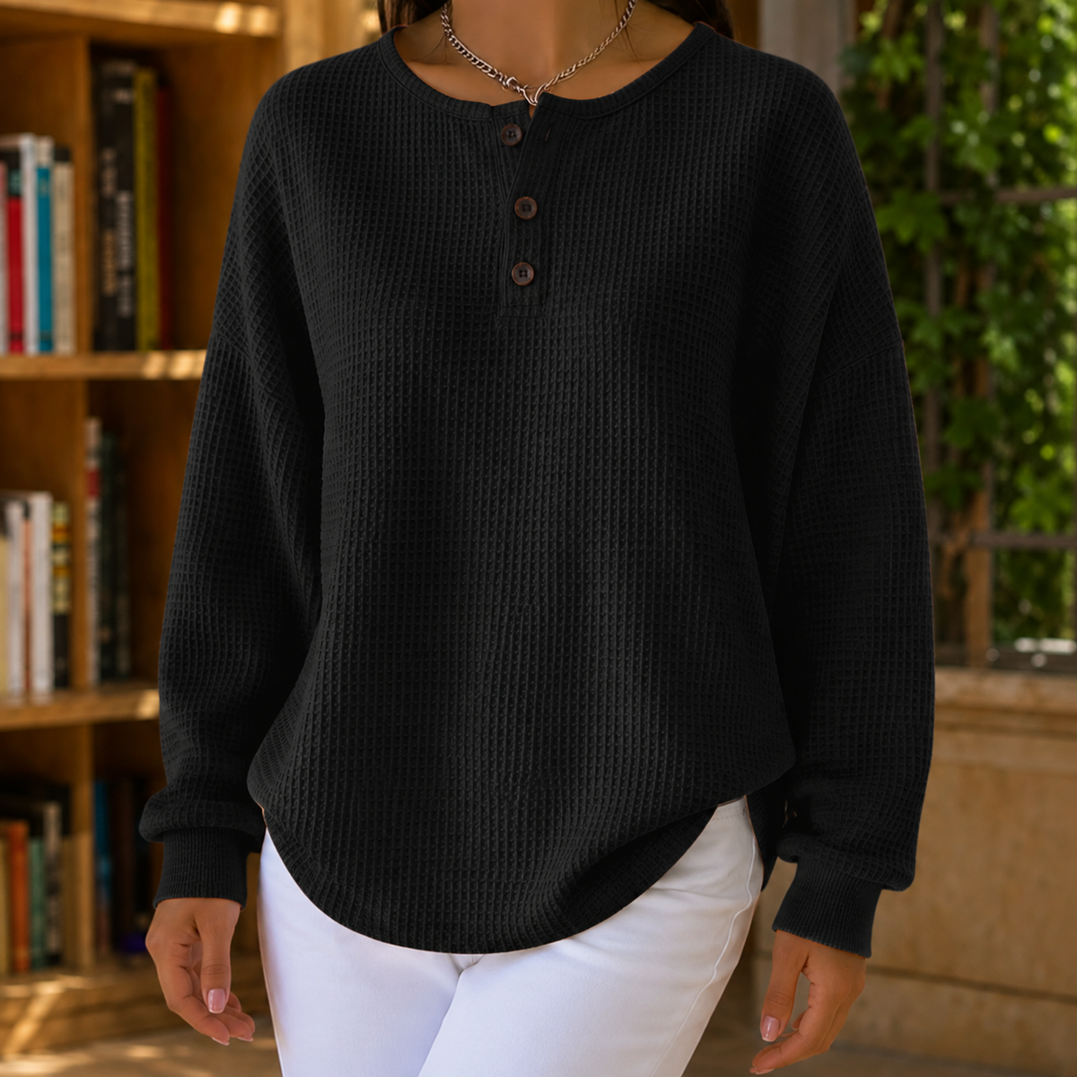 Damen Waffelpullover Oversize mit Henley-Ausschnitt