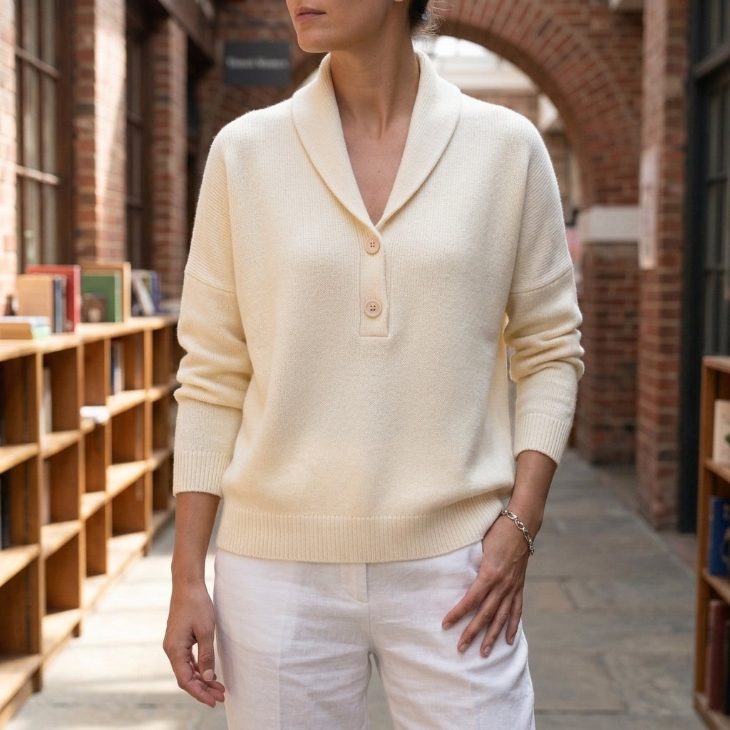 Damen Schalkragenpullover Relaxed Fit mit Halbknopfleiste