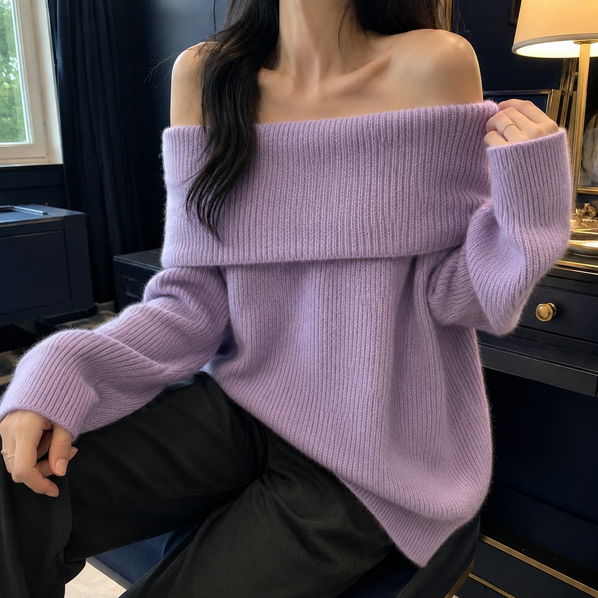 Damen Off-Shoulder Pullover Oversize mit Ballonärmeln