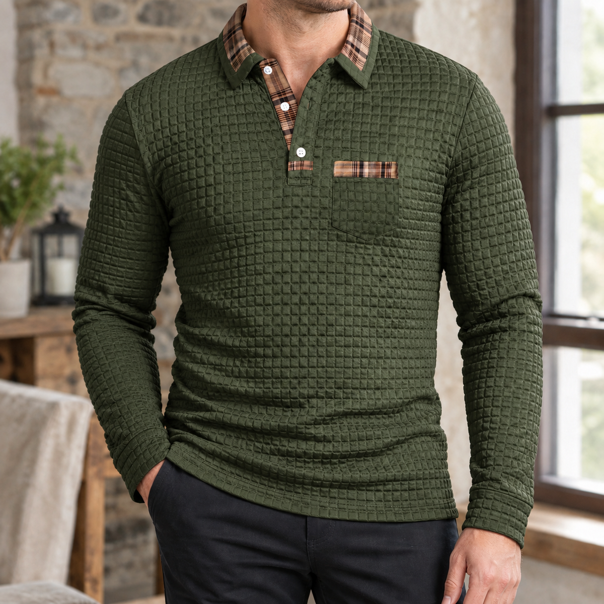 Herren Slim Fit Langarm-Poloshirt Freizeit kariert
