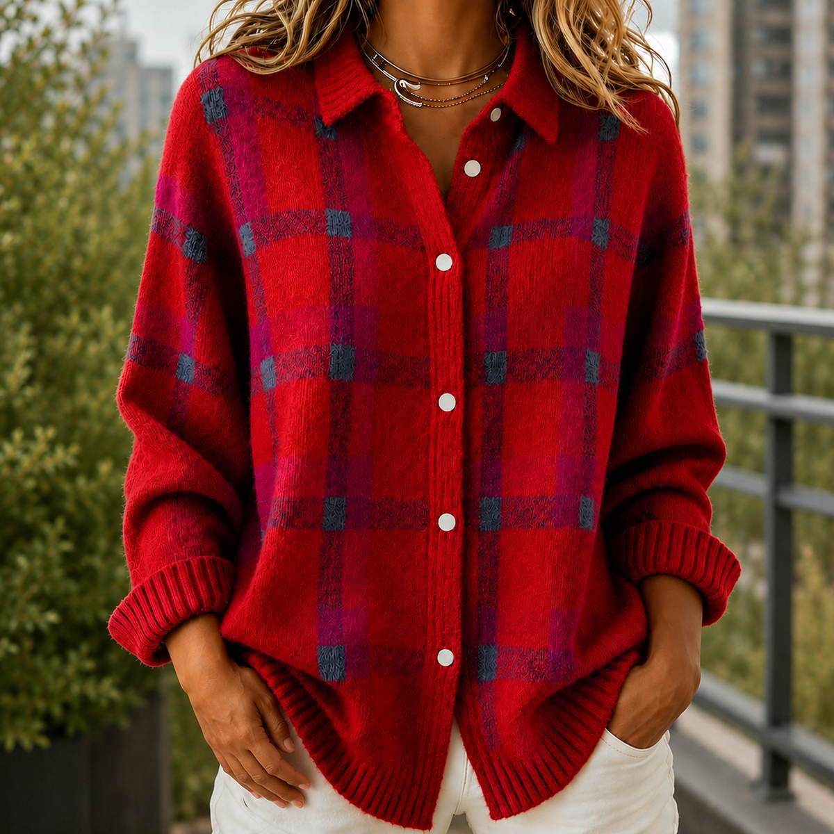 Damen Karo-Pullover Relaxed Fit mit Spitzkragen und Knopfleiste