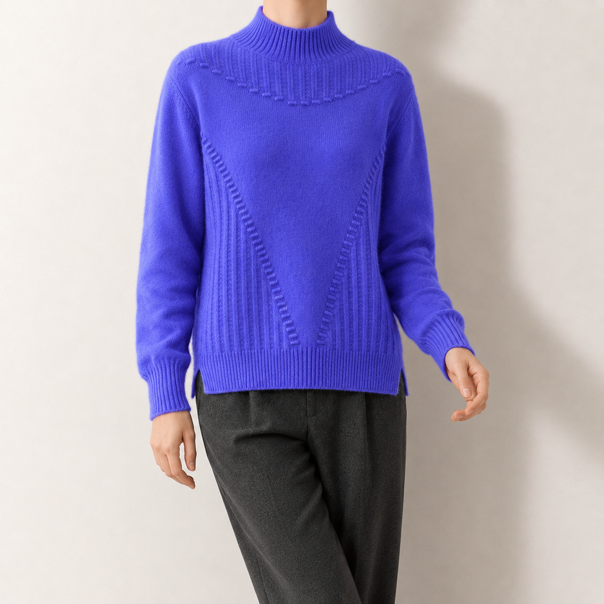 Damen Strickpullover Regular Fit mit Mock-Neck und Kettenstich-Muster