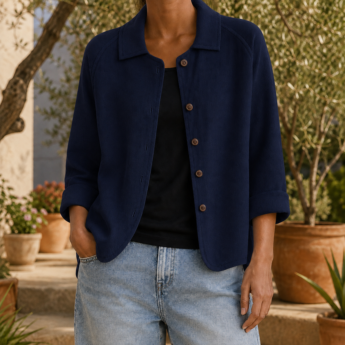 Damen Kragenpullover Relaxed Fit mit Dreiviertelärmeln und Knopfleiste