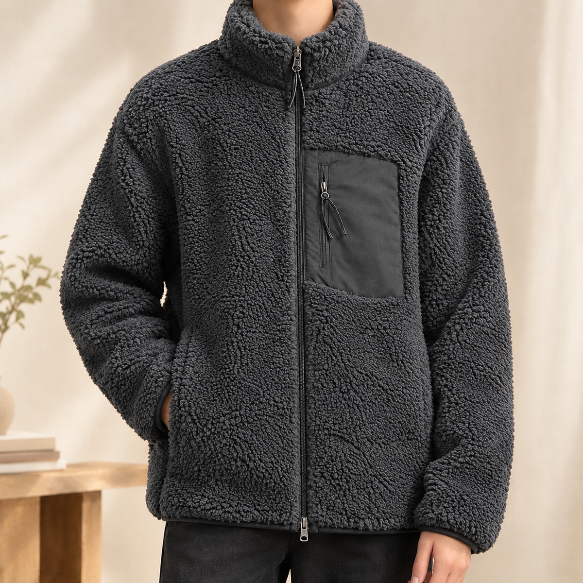 Texturiertes Zip-Jackett Herren Relaxed Fit Freizeit