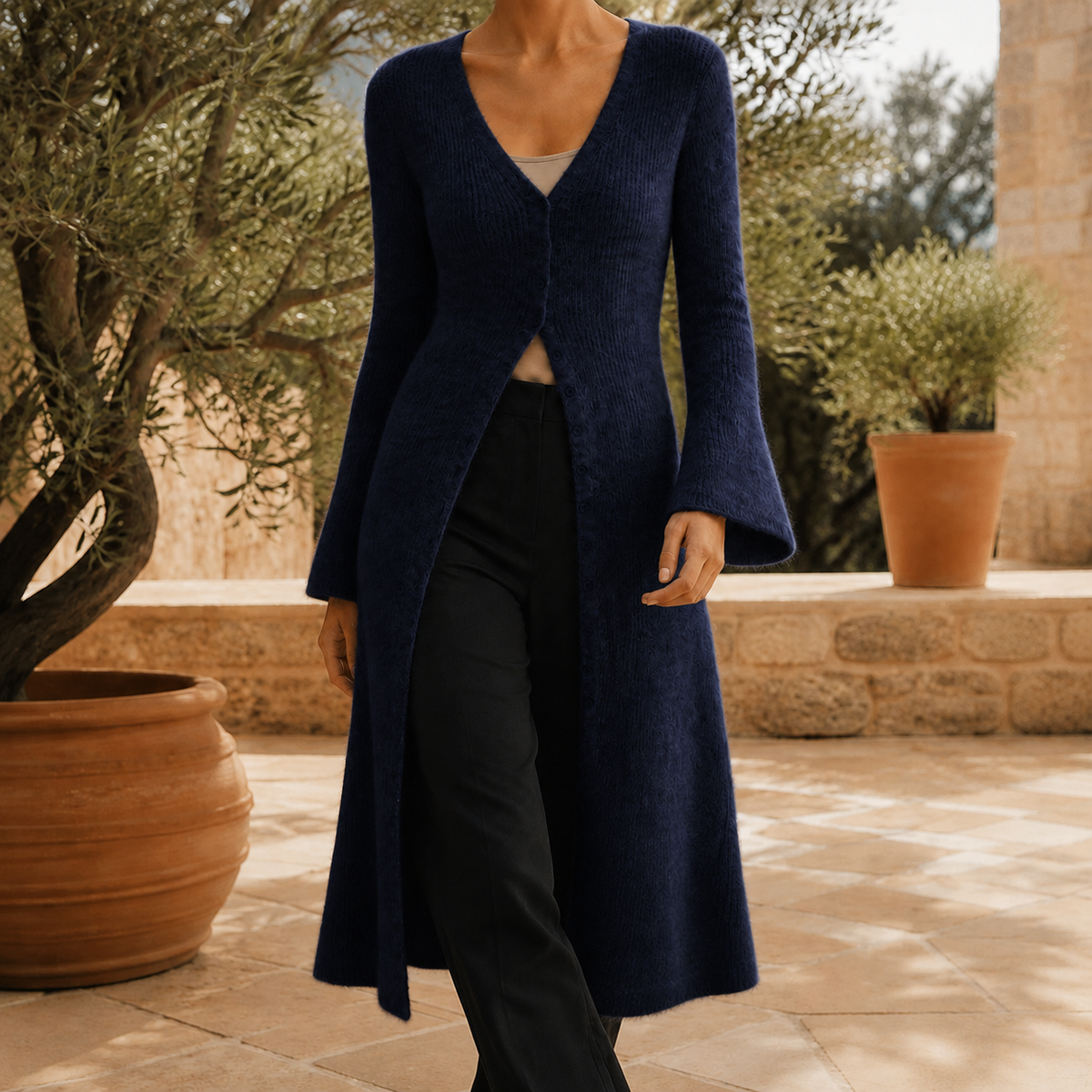 Damen Pullover Slim Fit mit V-Ausschnitt und Knopfleiste