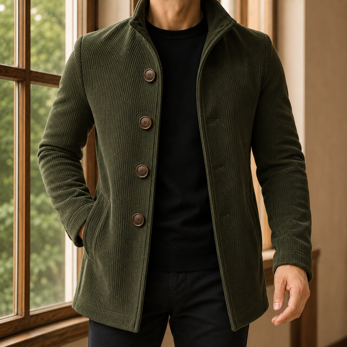 Herren Mantel Slim Fit mit Mehrknopfverschluss und Stehkragen