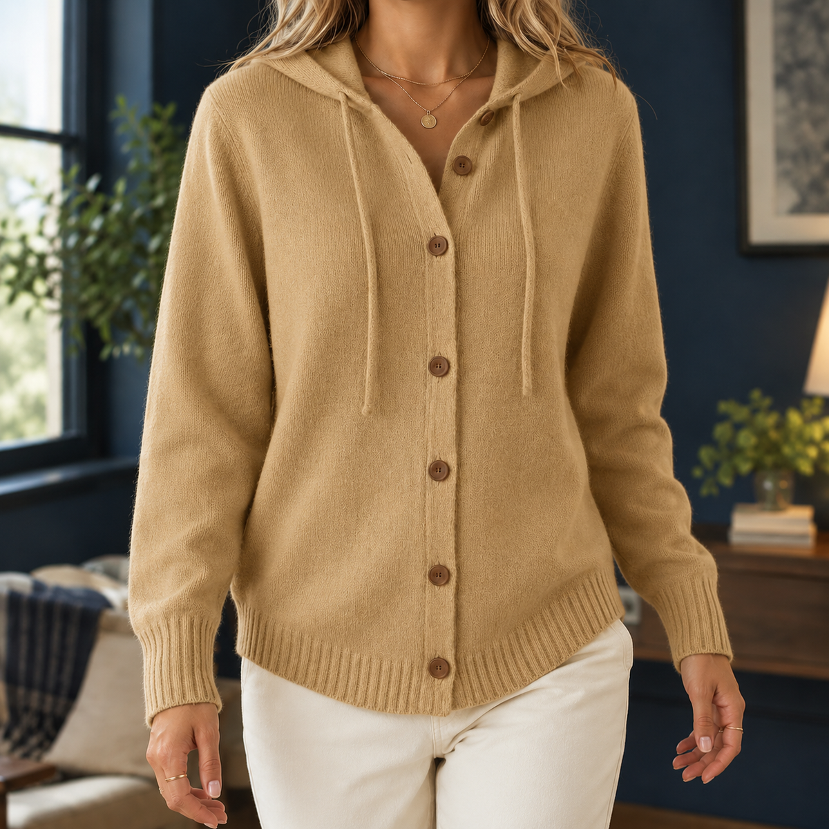 Damen Kapuzen-Cardigan Relaxed Fit mit Knopfverschluss