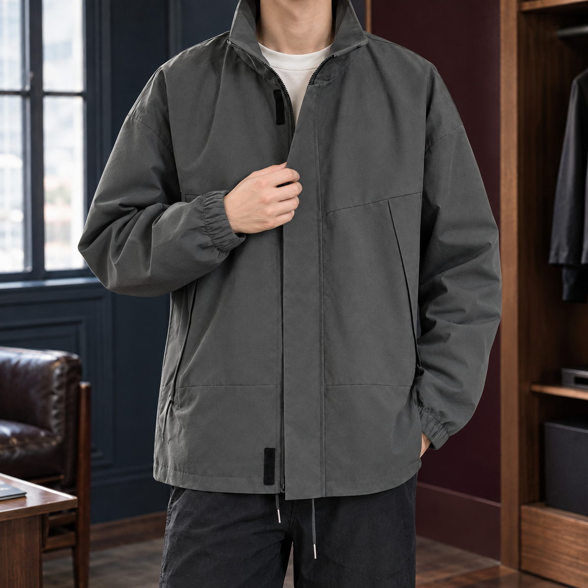 Herren Stehkragenjacke Regular Fit Casual Freizeit