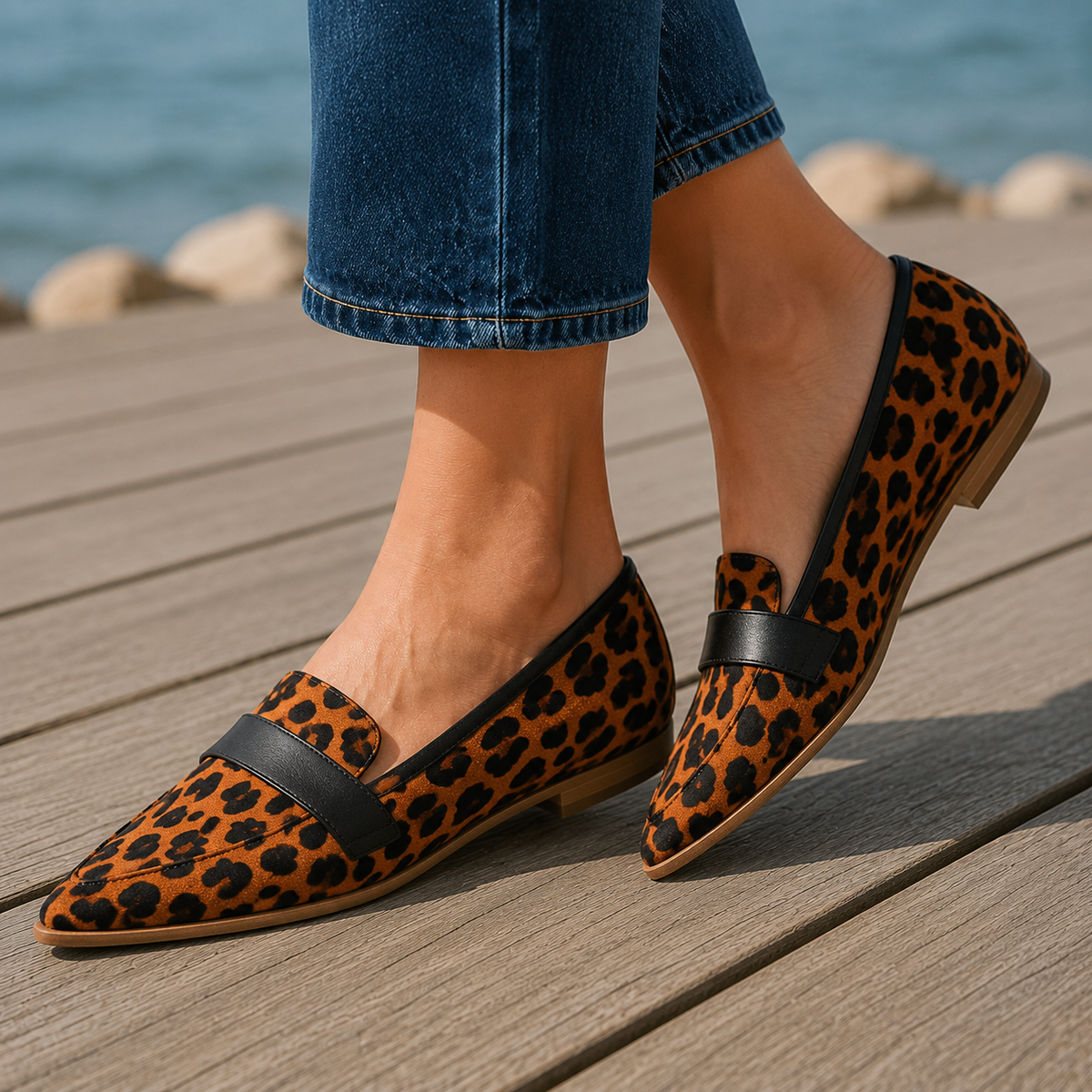 Damen Slipper Spitz mit Penny-Riemen und niedrigem Absatz
