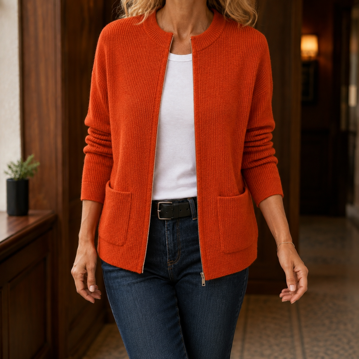 Damen Rippstrick-Cardigan Relaxed Fit mit Rundhalsausschnitt und Taschen