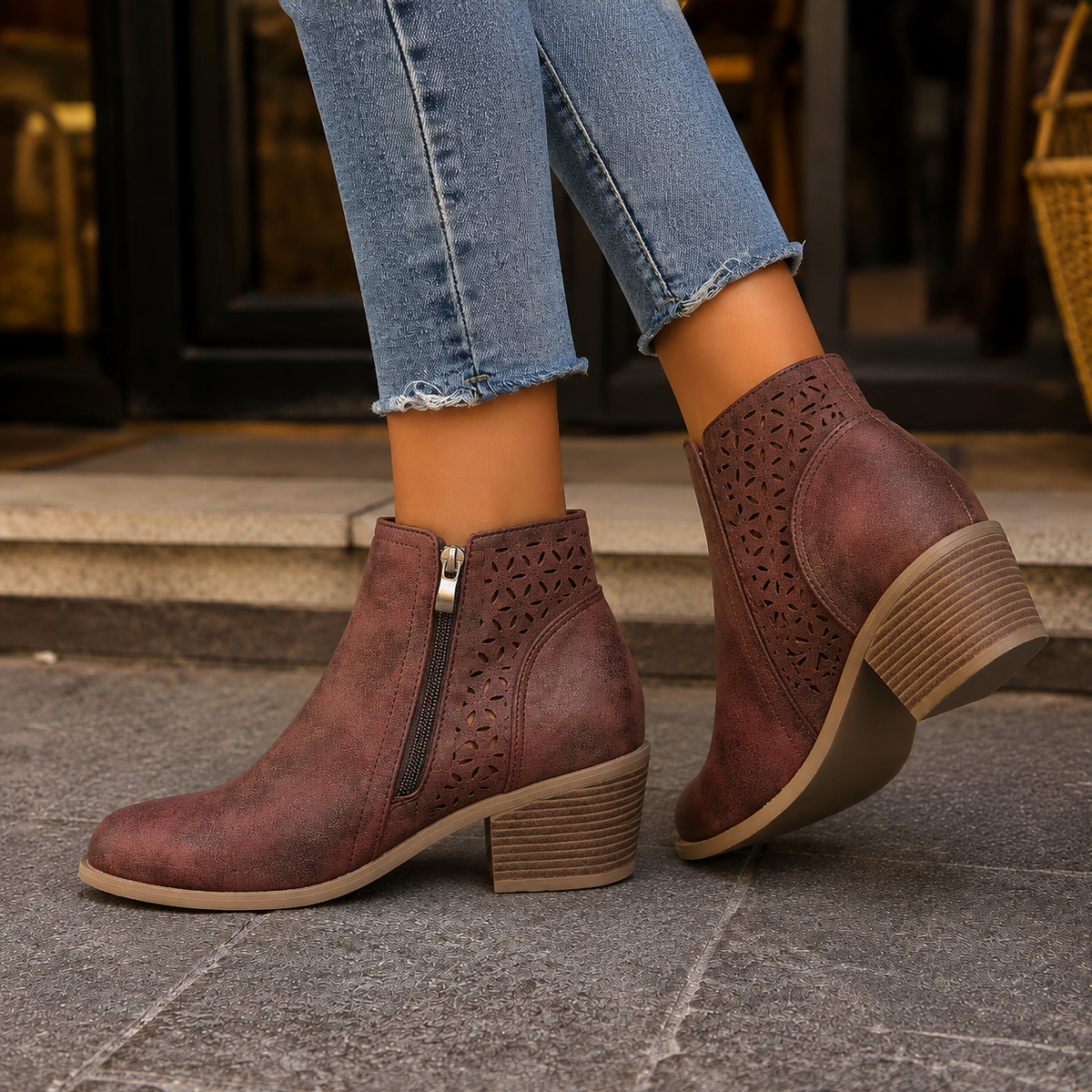 Damen Stiefeletten mit floralen Cutouts und Blockabsatz