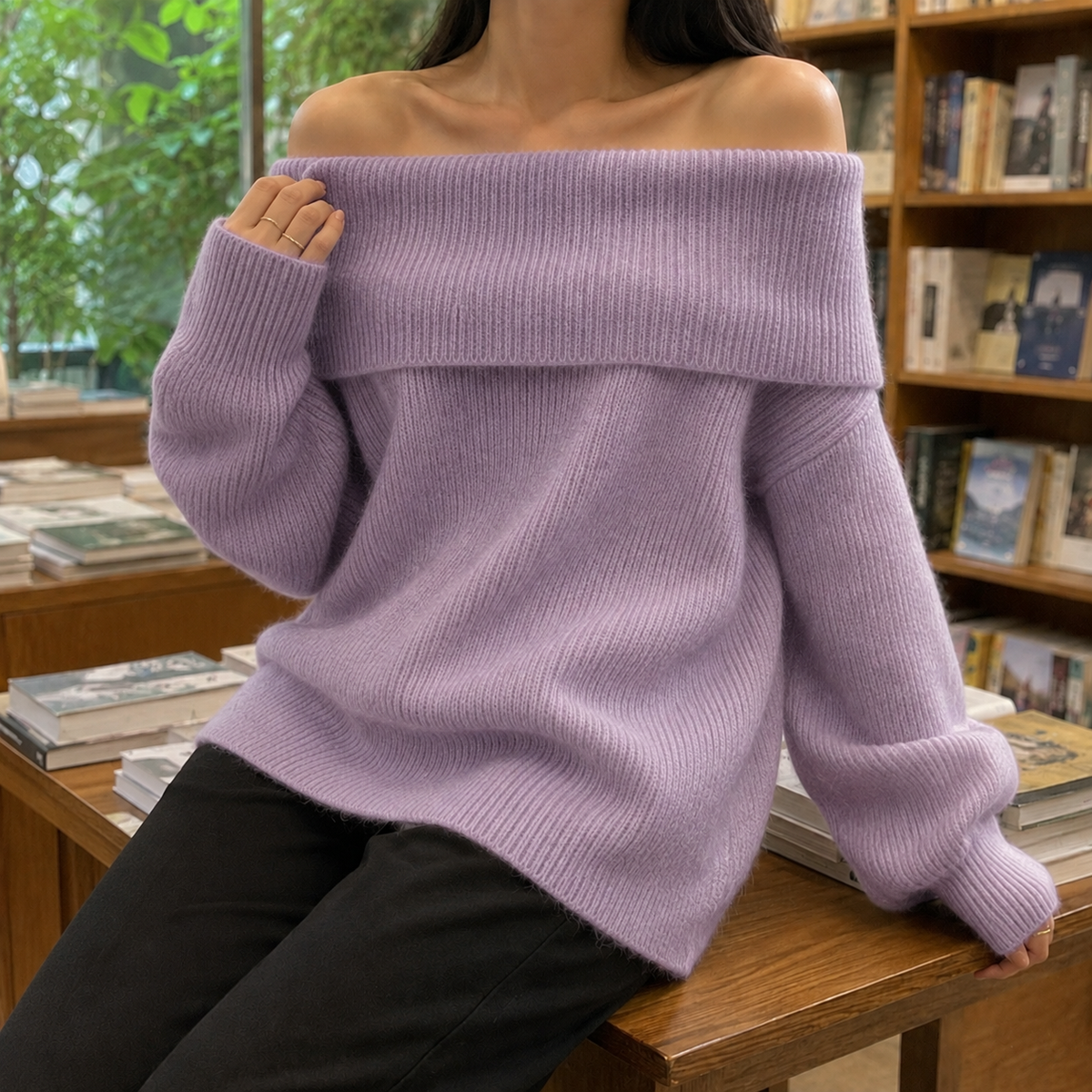 Damen Off-Shoulder Pullover Relaxed Fit mit langen Ärmeln