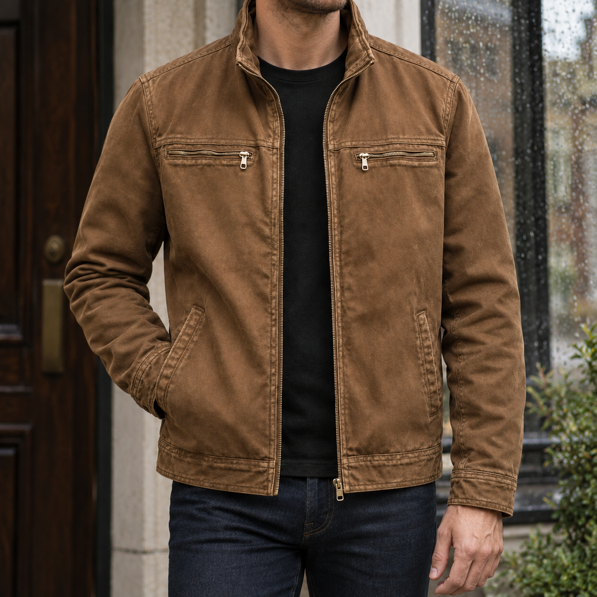 Herren Jacke Relaxed Fit Freizeit mit Stehkragen und Reißverschluss