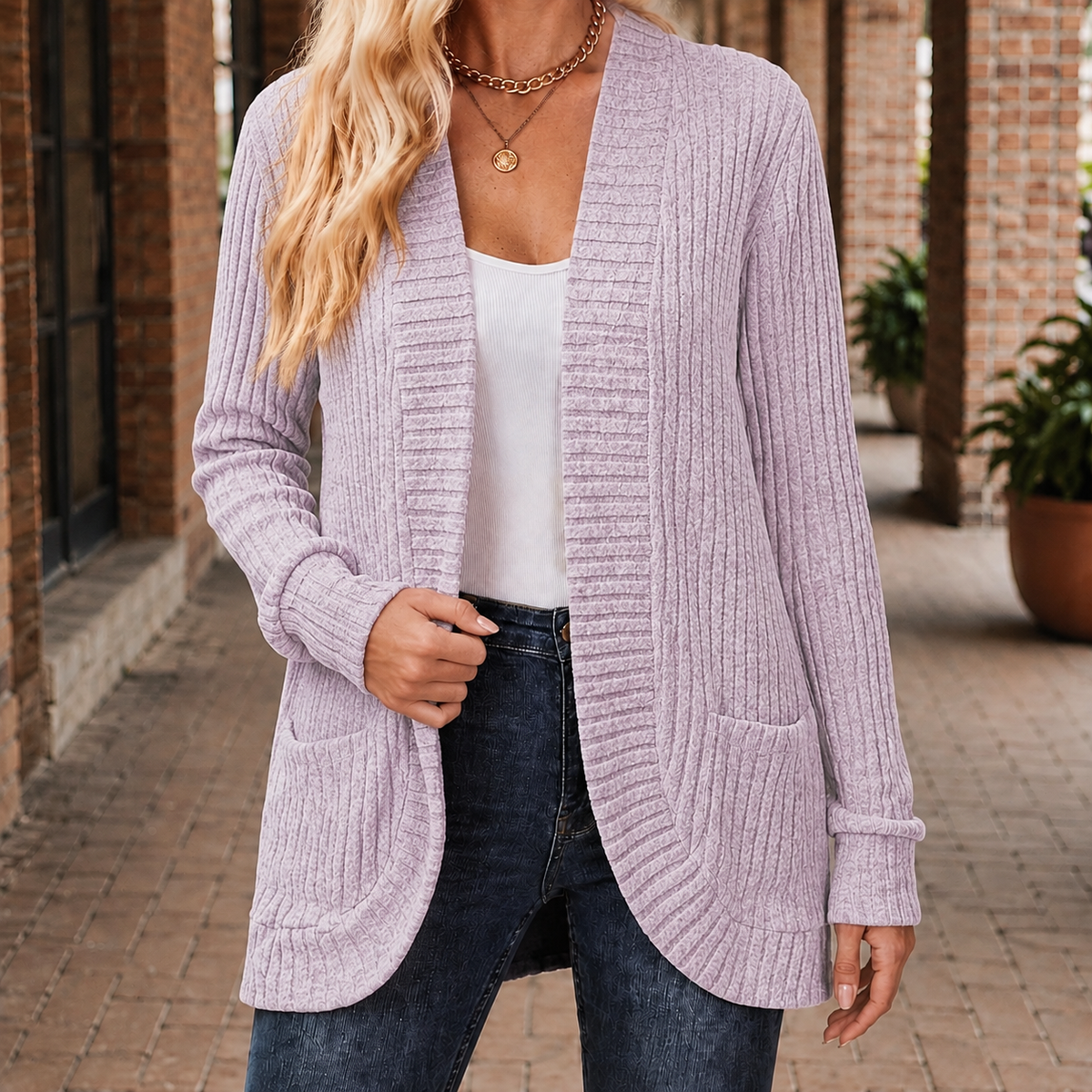 Damen Rippstrick-Cardigan Relaxed Fit mit offener Front und Taschen