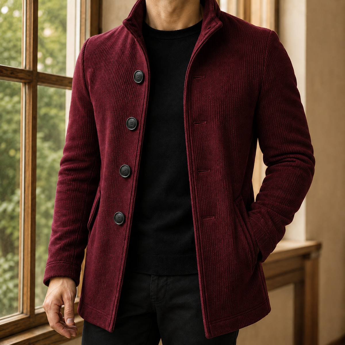 Herren Mantel Slim Fit mit Mehrknopfverschluss und Stehkragen