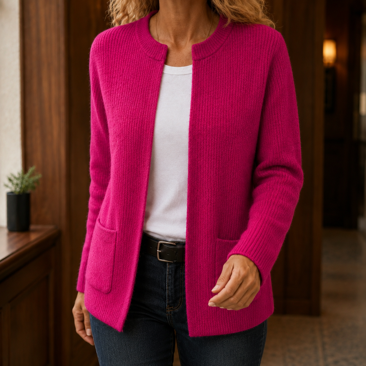 Damen Rippstrick-Cardigan Relaxed Fit mit Rundhalsausschnitt und Taschen