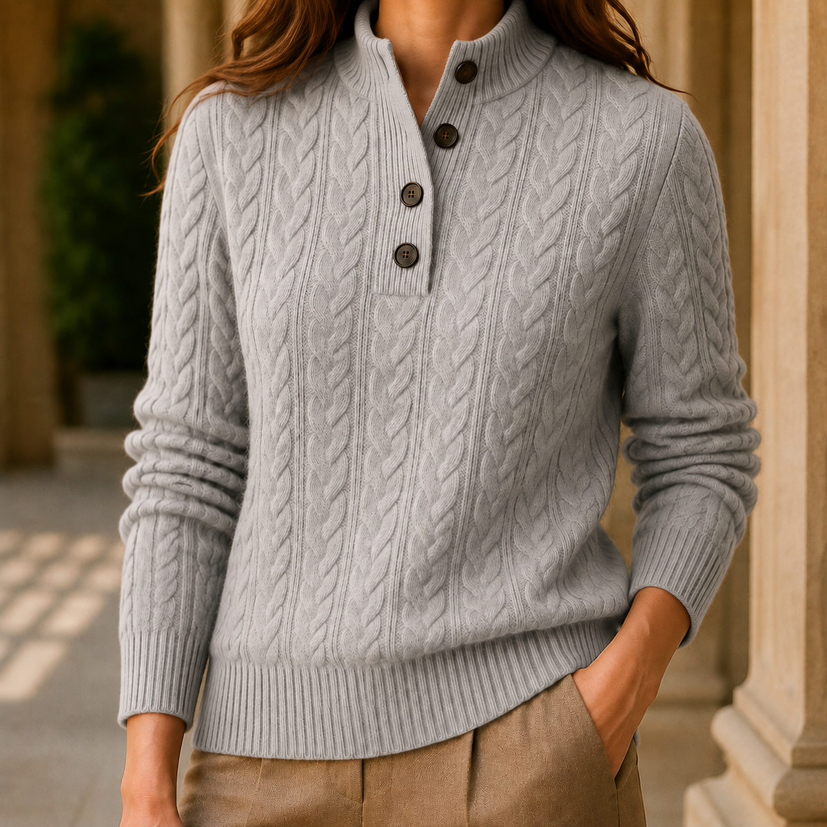 Damen Kabelstrickpullover Regular Fit mit Stehkragen und Knopfausschnitt