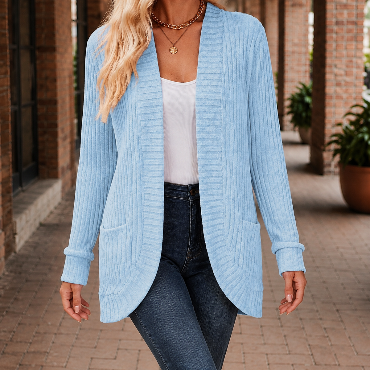 Damen Rippstrick-Cardigan Relaxed Fit mit offener Front und Taschen