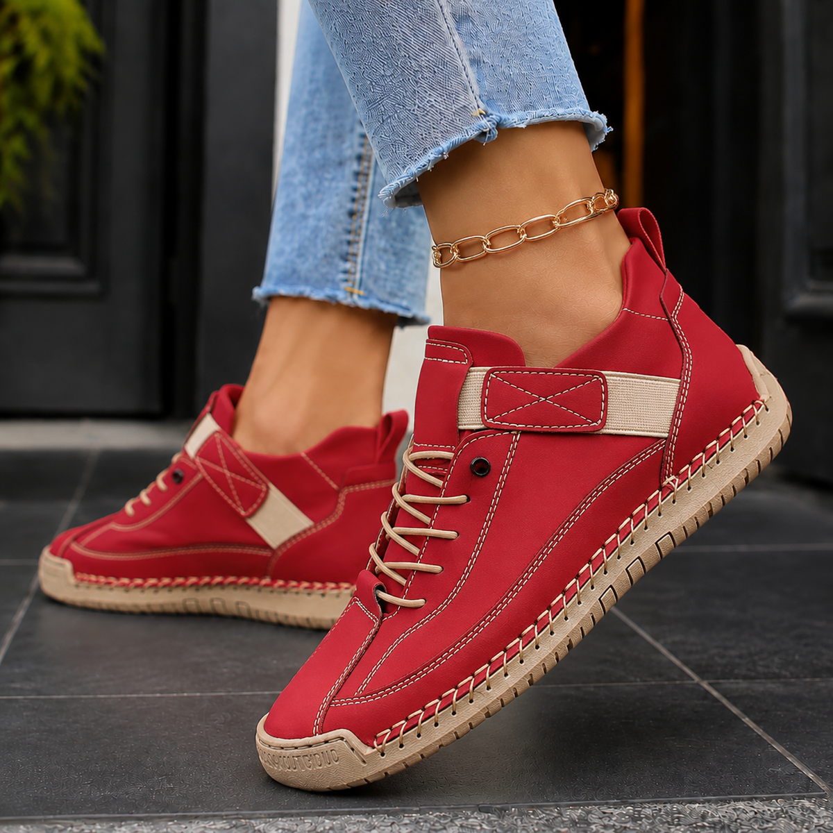 Damen Sneakers mit Klettverschluss und elastischer Schnürung