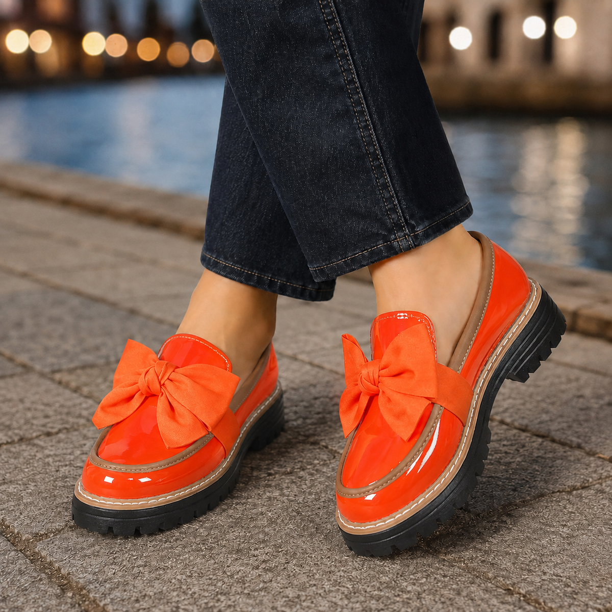 Damen Loafers mit übergroßer Schleife und Profilsohle