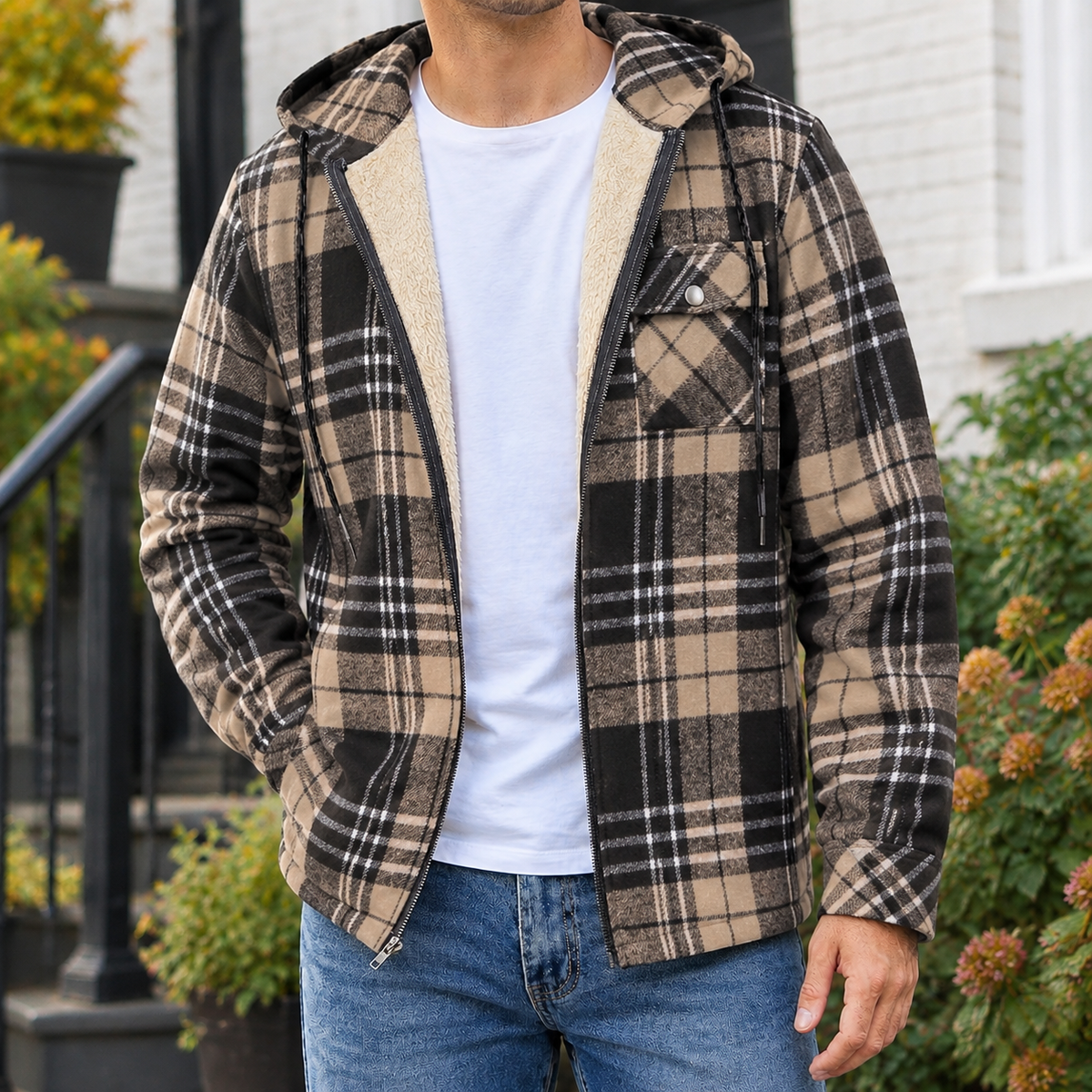 Herren Karojacke Regular Fit Freizeit mit Kapuze und Reißverschluss