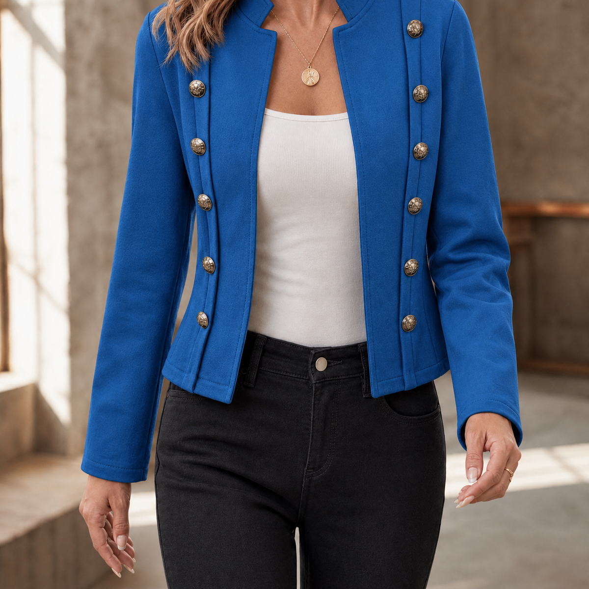 Damen Slim Fit Militärjacke Freizeit mit Stehkragen